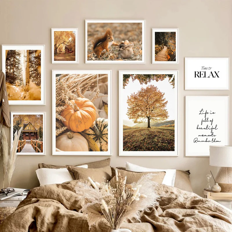 Autumn Forest Wooden House Landscape Wall Art Canvas Painting Pumpkin Posters Maple Leaf Painting Wall Posters Livingroom Decor