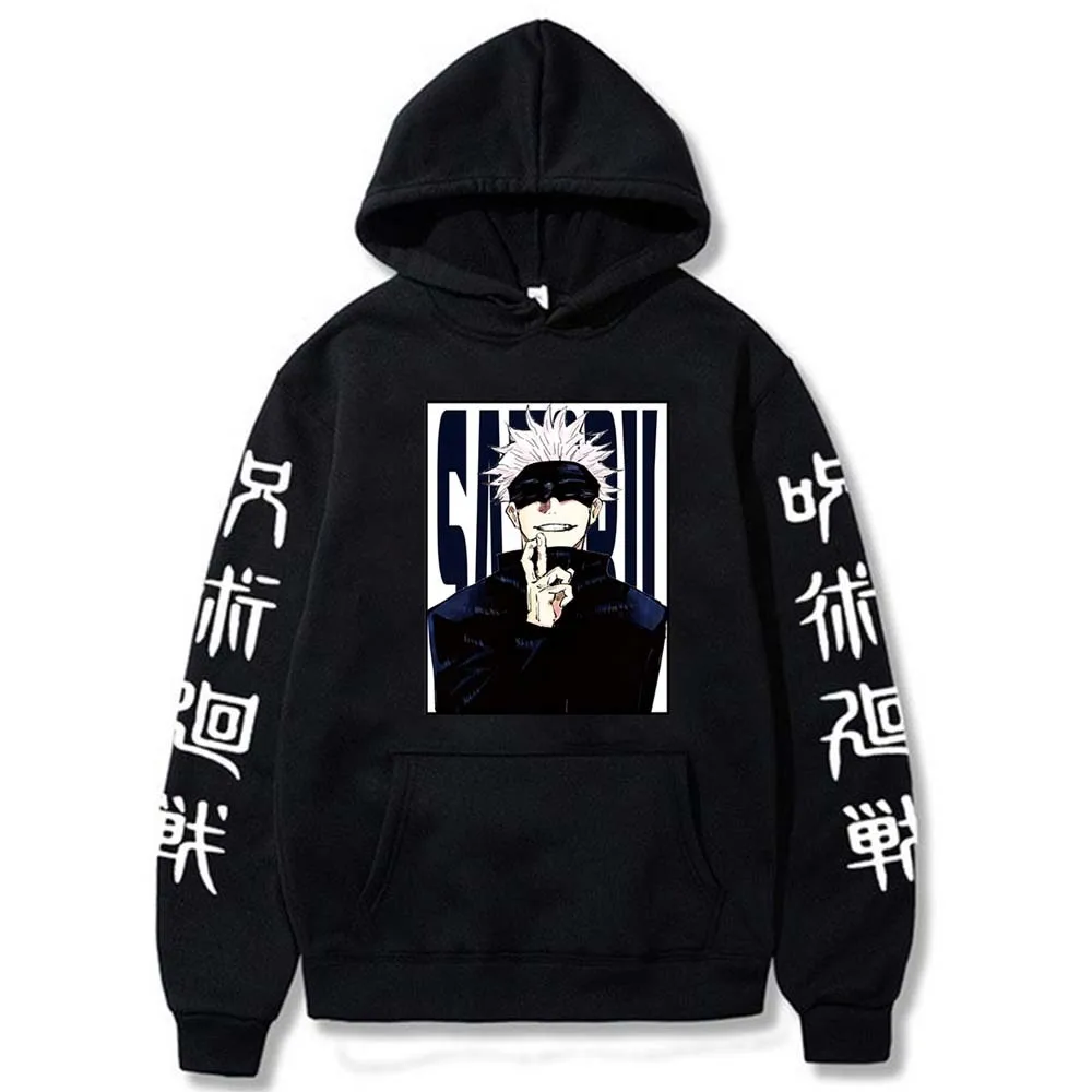 Gojo Satoru Loose Hoodie Jujutsu Kaisen Japanese Anime Oversized 4XL Hooded Sweatshirt Unisex Black Casual Streetwear Top Coat