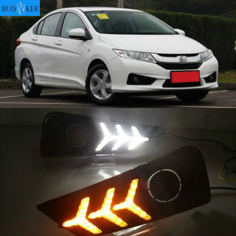 

2Pcs LED Daytime Running Light For Honda City Grace 2015 2016 2017 Yellow Turn Signal Relay Waterproof 12V DRL Fog Lamp