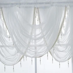 Silver Line Glitter Tassel White Valance Balloon Curtains for Window Decoration Living Room Bedroom Home Decor Shop Ornament
