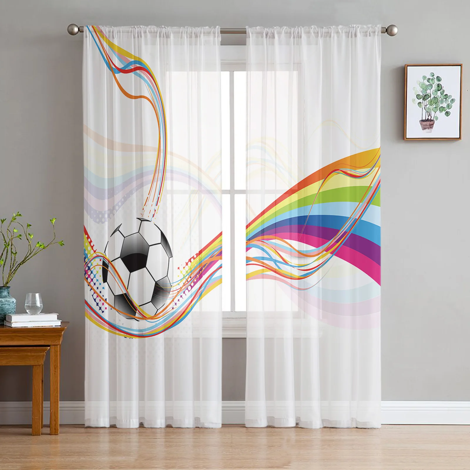 Soccer Balls Football Design Print Sheer Window Panel Curtains Room for Living Room Bedroom Kitchen Room Chiffon Tulle Curtains