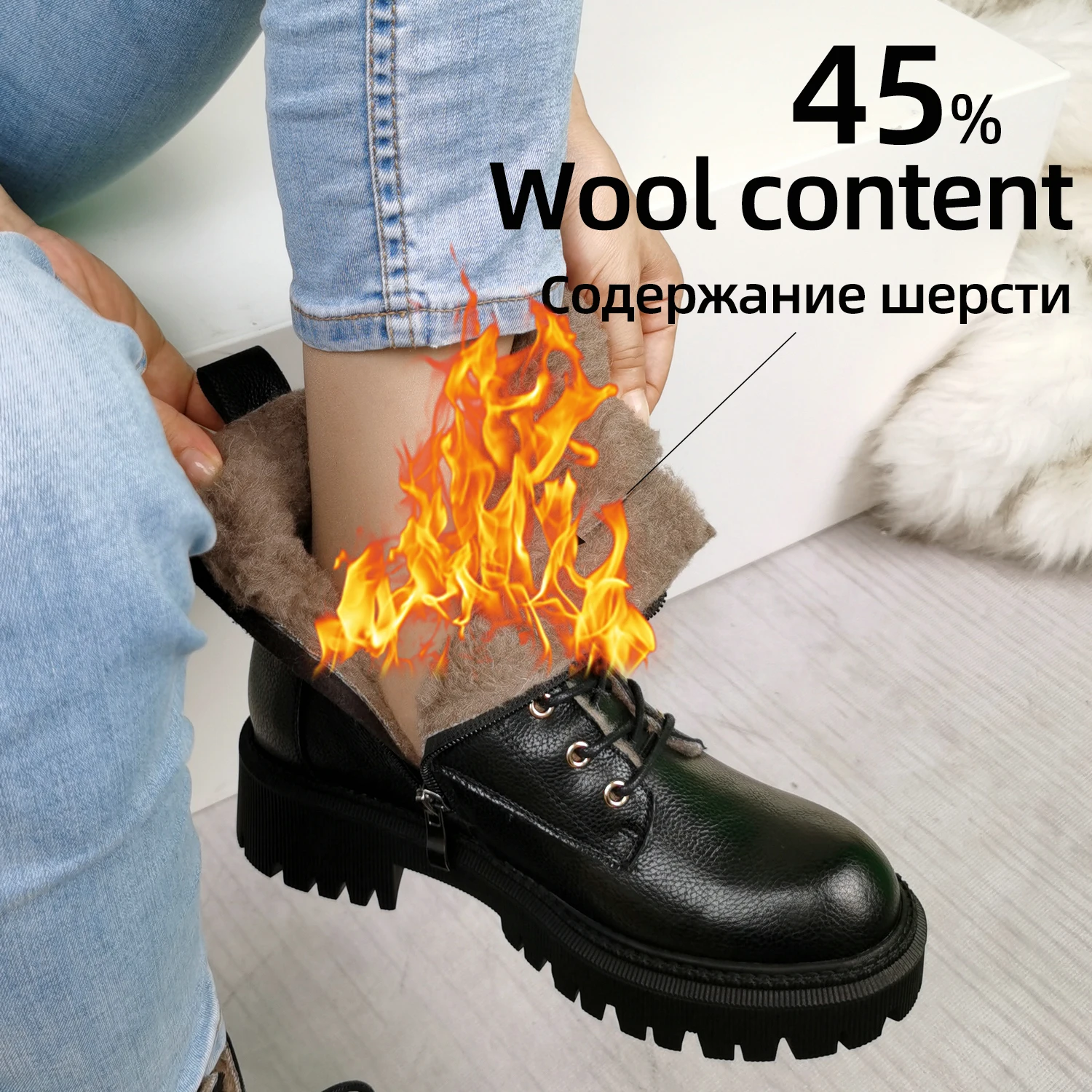 QUTAA  Women Ankle Boots Wool Fur Platform Fashion Warm Mid Heel Motorcycle Boots Genuine Leather Women Shoes Winter Lace Up 43