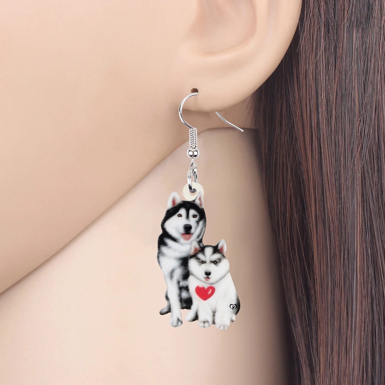 BONSNY Mother's Day Acrylic Red Heart Husky Dogs Earrings Pets Long Drop Dangle Fashion Charm Jewelry For Women Girls Teens Gift