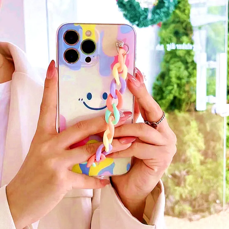 Smiley Rainbow Chain Rope Square Case For Realme 5 6 7 8 Pro 4G 5G 5i 6i C2 C3 C21Y C21 C20 C17 C15 C11 X7 V11 V15 GT Soft Cover