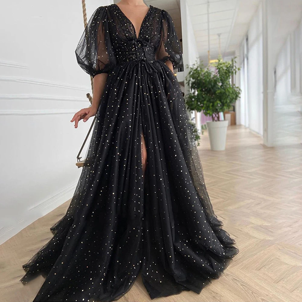 

Customized Elegant Sexy V-Neck Half Puff Sleeves Ruched Wedding Party Dresses Black Starry Tulle Slits Long A-Line Prom Dresses