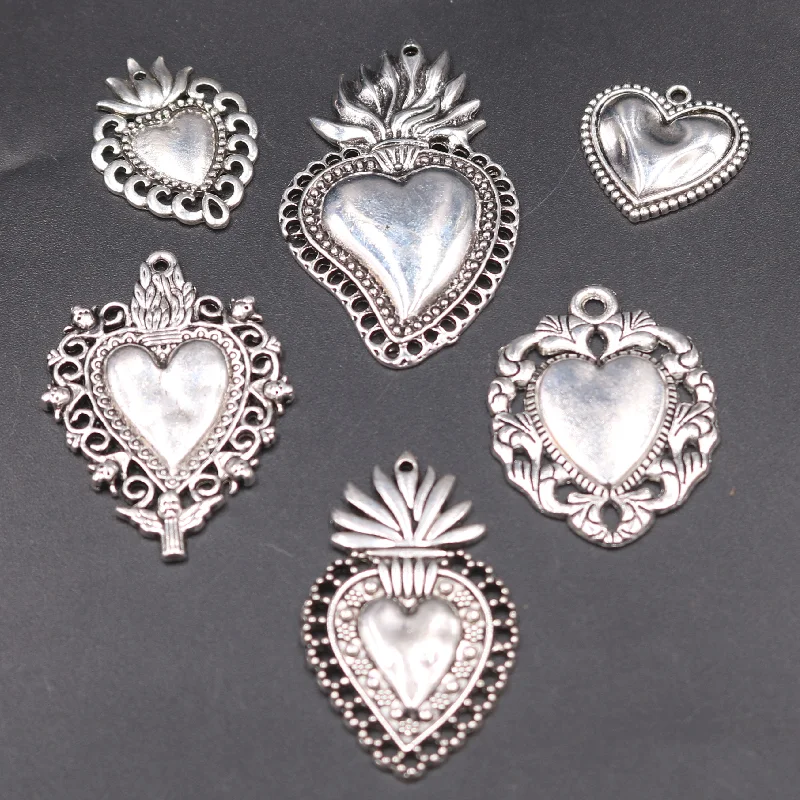 7pcs Mix Mexican Style Large Catholic Sacred Heart Amulet Pendants DIY Religious Charms Necklace Earrings Jewelry Crafts Making