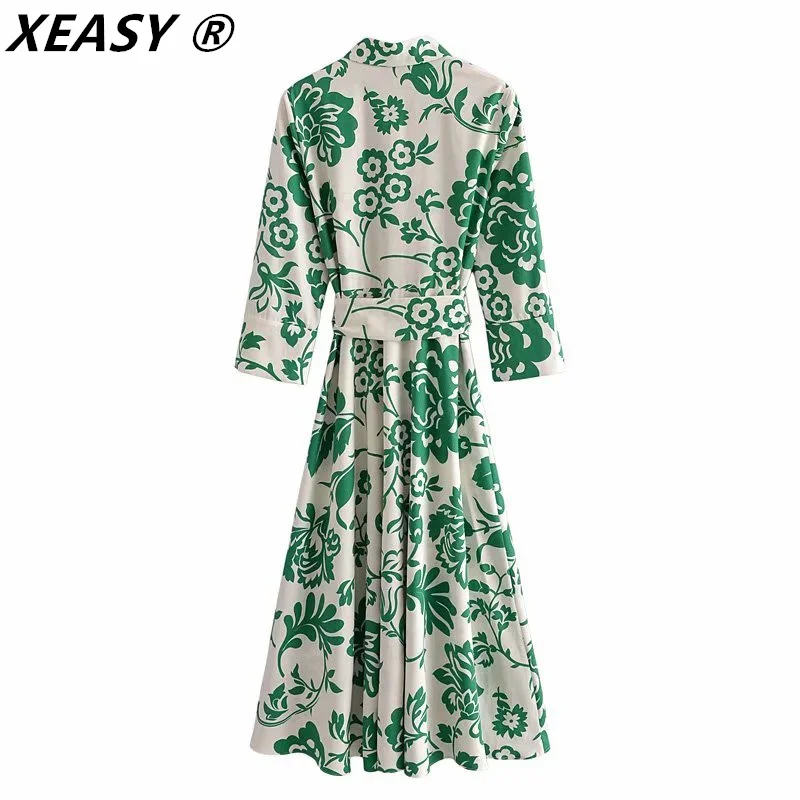 XEASY Za Woman 2021 Summer Long Dress Green Print Shirt Dress Fashion Belt Button Up Midi Dresses Vintage Casual Dresses Mujer