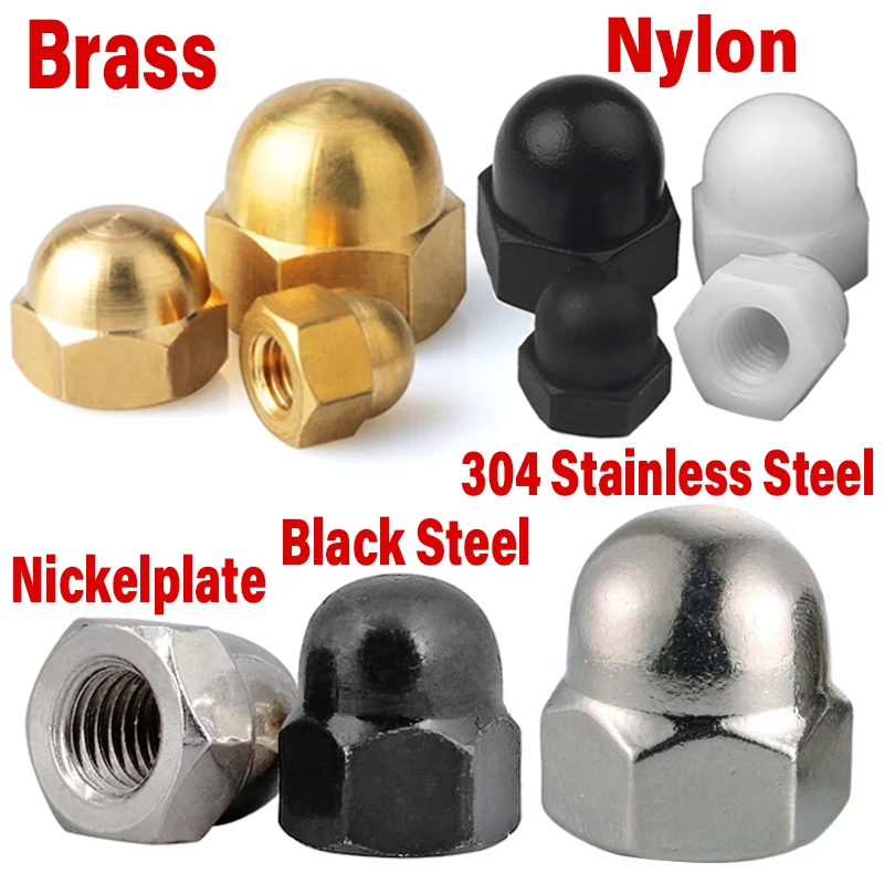 Tuerca de bellota de latón y nailon de acero inoxidable 304, tapa de cabeza hexagonal, tuerca de cúpula métrica, acero niquelado blanco y negro, 50 Uds.