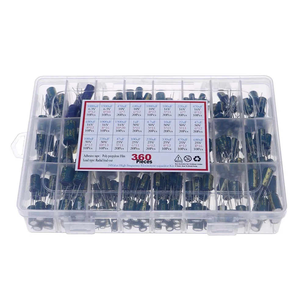 360Pcs/Box 24 Values High frequency electrolytic Capacitor Kit set 1UF-1500UF Aluminum Capacitors 6.3V-50V Low ESR