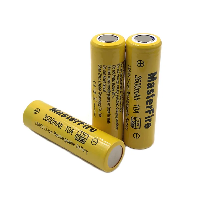 

Wholesale MasterFire Original 3500mah 18650 3.7V 12.95Wh 10A Continuous Discharge Rechargeable Lithium Battery Torch Batteries