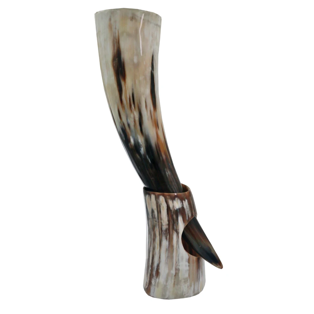 Natural Viking Drinking Horn with Stand or Leather Case- Horn Mug with Polished Finish