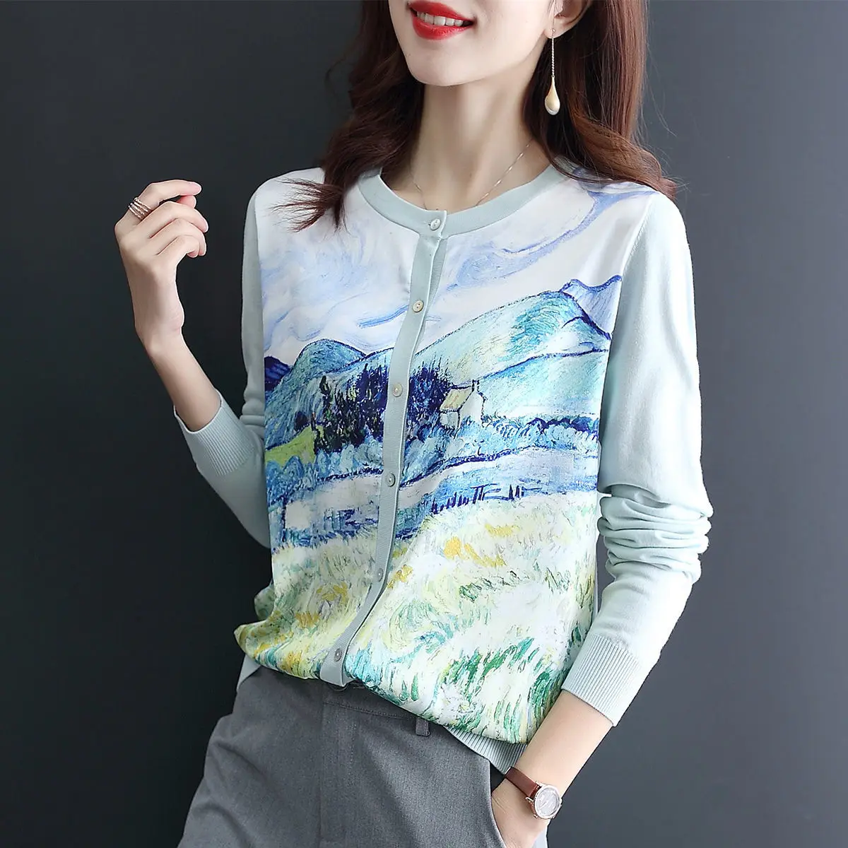 

Knitted Cardigan Women's Sweater Spring 2021 New Spring And Autumn Loose Chinese Style Printed Women's Top