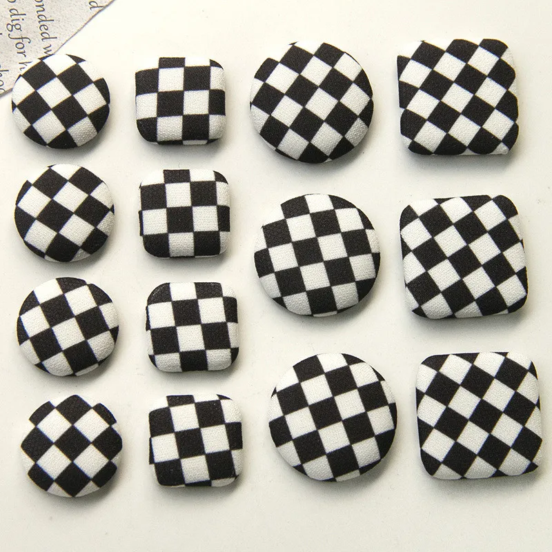 New 60pcs/lot Black white grid lattice pattern fabric rounds/square shape Cloth button diy jewelry earring/garment accessory