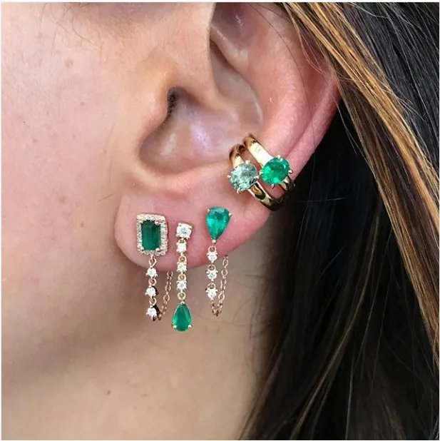tear drop cz tassel chain earring colorful birthstone cubic zirconia Gold color Gorgeous stunning multi color stone jewelry