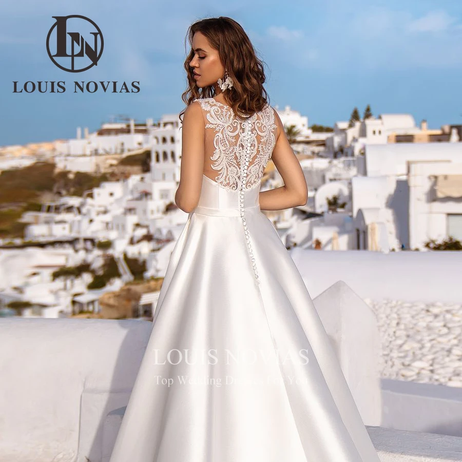 LOUIS NOVIAS Vestidos De Novia De satén para mujer, vestido De Novia Sexy Simple con cuello redondo y mangas, vestido De Novia bordado, Vestidos De Novia