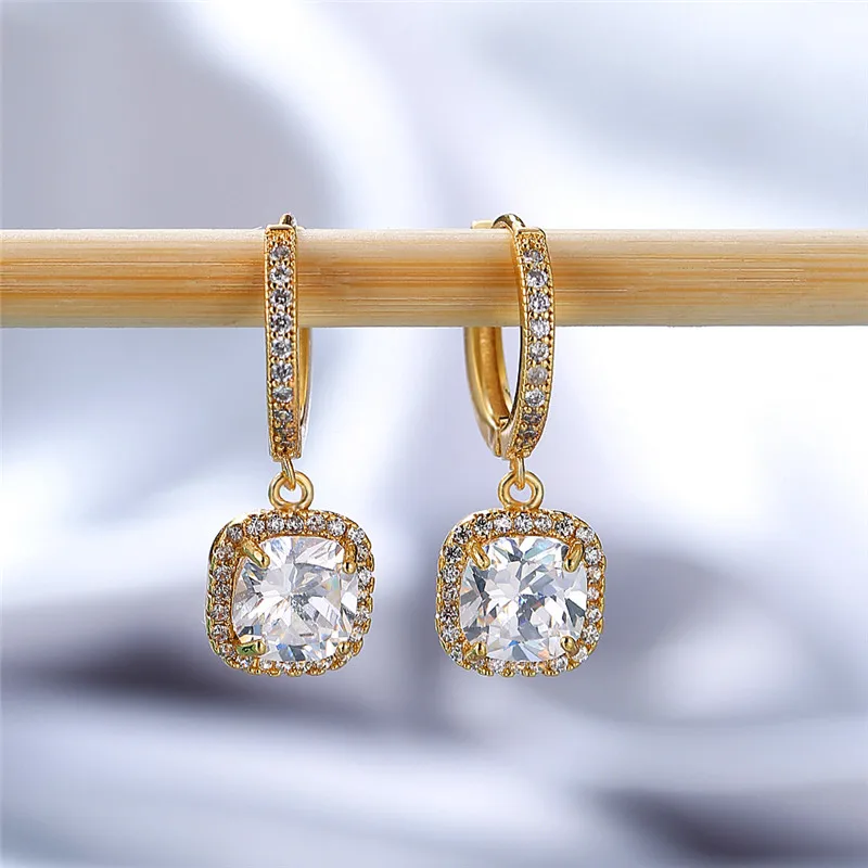 Dainty Female Rainbow Crystal Drop Earrings Rose Gold Silver Color Hoop Earrings Charm Bridal Square Wedding Earrings For Women