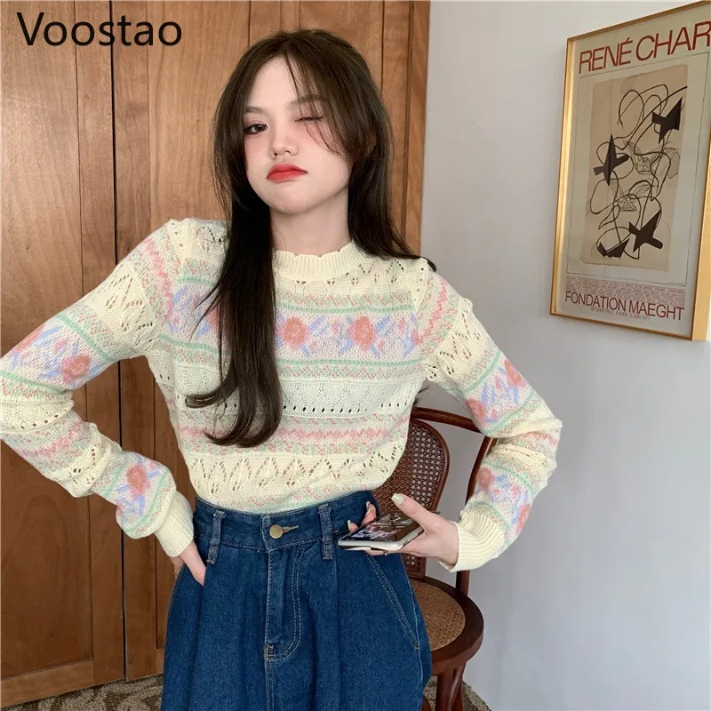 Spring Autumn Sweet Loose O-Neck Knitted Long Sleeve T-shirt Sweater Autumn Women Elegant Hollow Out Floral Pullovers Girly Tops