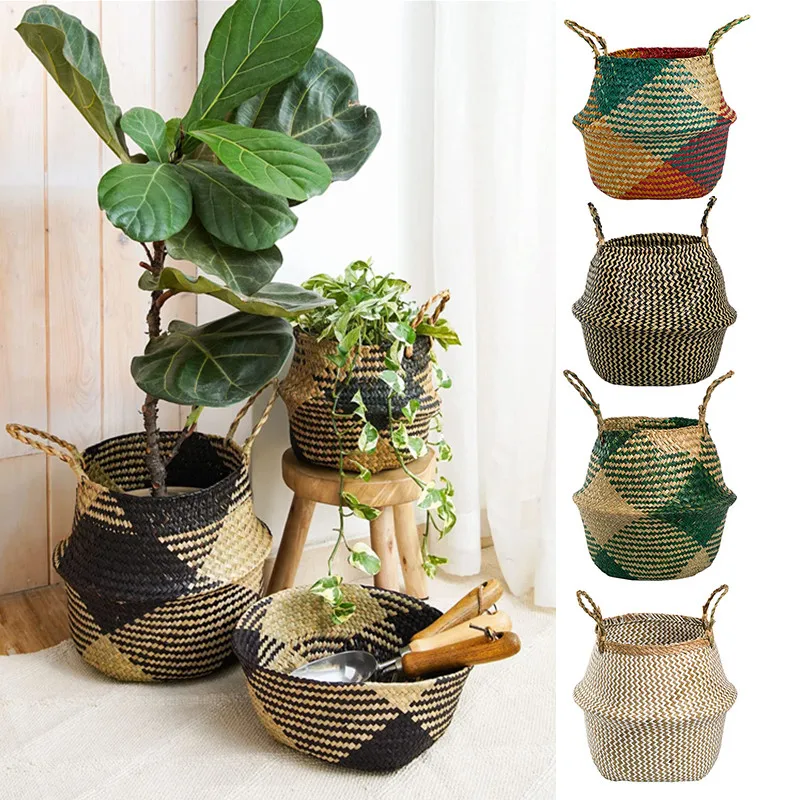 Small Seagrass Basket Indoor Wicker Belly Basket Woven Planter Pot  Home Boho Decor Storage Laundry Picnic Grocery Straw Bag