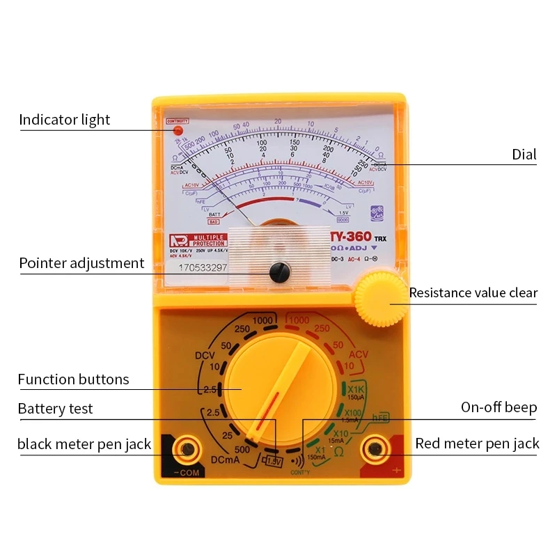 TY-360 DC/AC 1000V Voltmeter 500mA Ammeter 1K Resistance Meter Analog Multimeter Tool