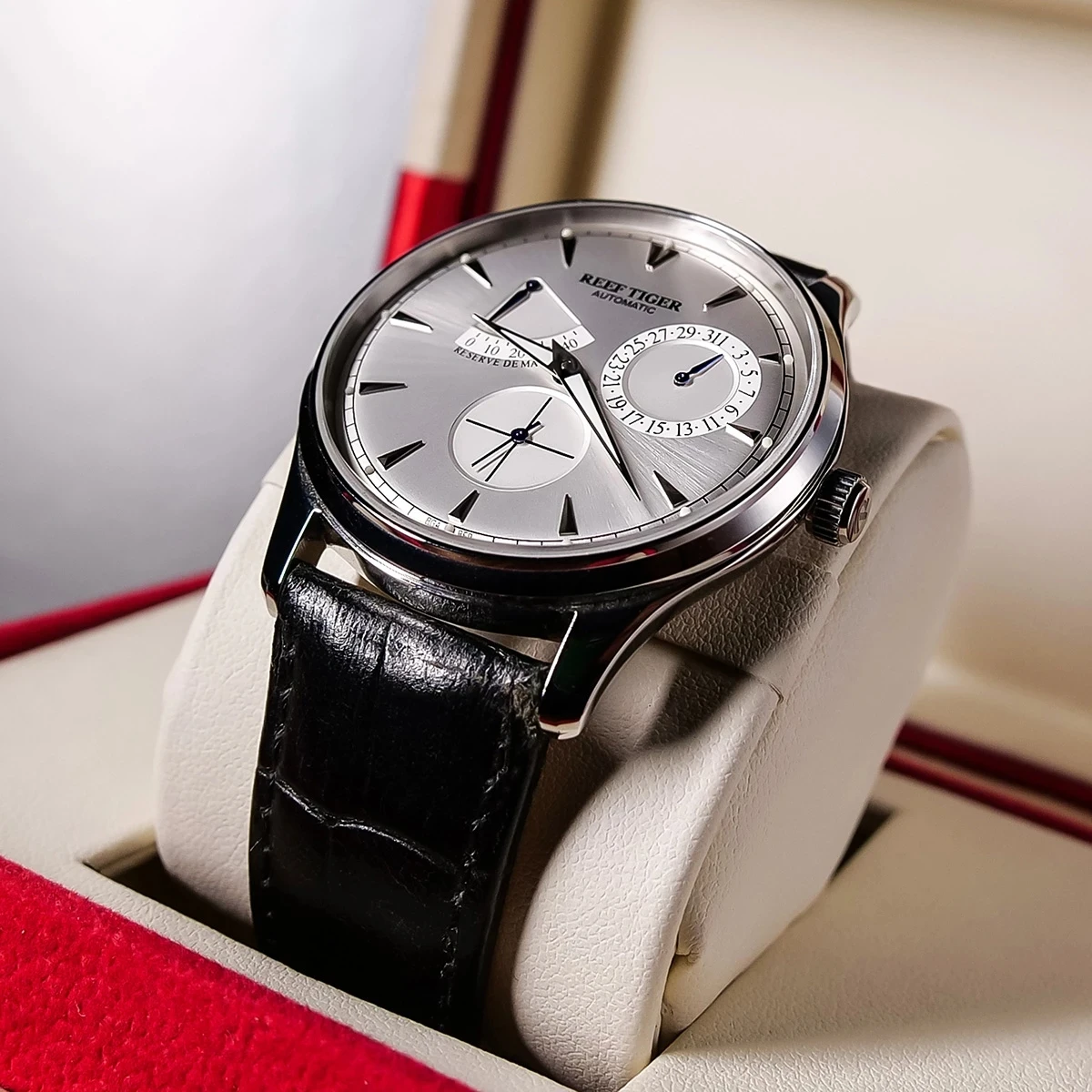 Reef Tiger/RT Elegant Men Power Reserve Watch Complete Calendar Small Seconds Steel Automatic Mechanical Watch Business Clock