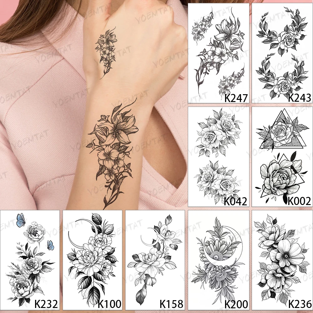 

9 pcs a lot Flower Moon Line Girls Black Fake Tatto Body Art Flash Waterproof Temporary Tattoo Stickers for Women