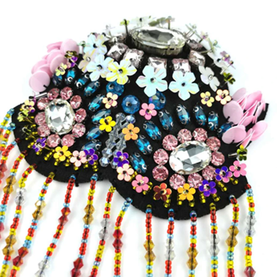 2Pcs Heavy industry handmade beads colorful flowers tassel epaulets fur coat decoration cloth decals applique DIY accessories