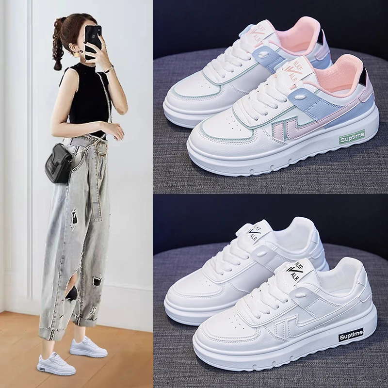 

2021 Women Skateboard Shoes Spring Autumn Casual Imitation Leather Flat Shoes White Sneakers Light Breathe Platform Shoes