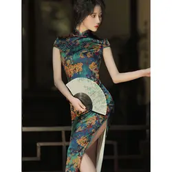 Robe Cheongsam rétro de style chinois pour femme, robe trapèze vintage, robe de soirée mince et élégante, qipao financièrement, S à média, été