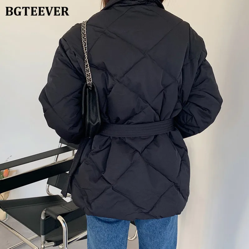 BGTEEVER Winter Thick Cotton Padded Coats Women Single-breasted Zippers Lace-up Female Parkas Stand Collar Female Jackets