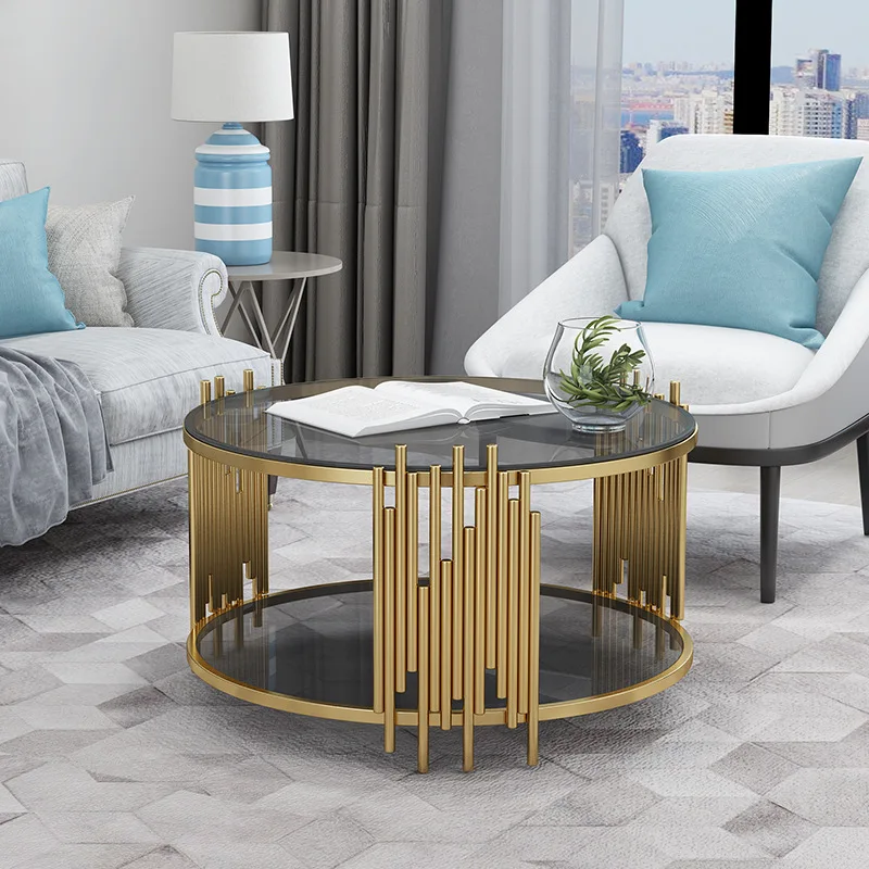 Luxury Round Coffee Table for Living Room Center Table Double Layer Table Top Marble Tempered Glass Optional