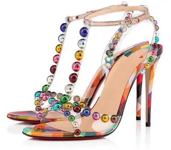 Colorful Bauble-Studded High Heel Sandals Rainbow Studs T-Strap Sandals Women Summer Shoes Embellished Bead PVC Women Sandals