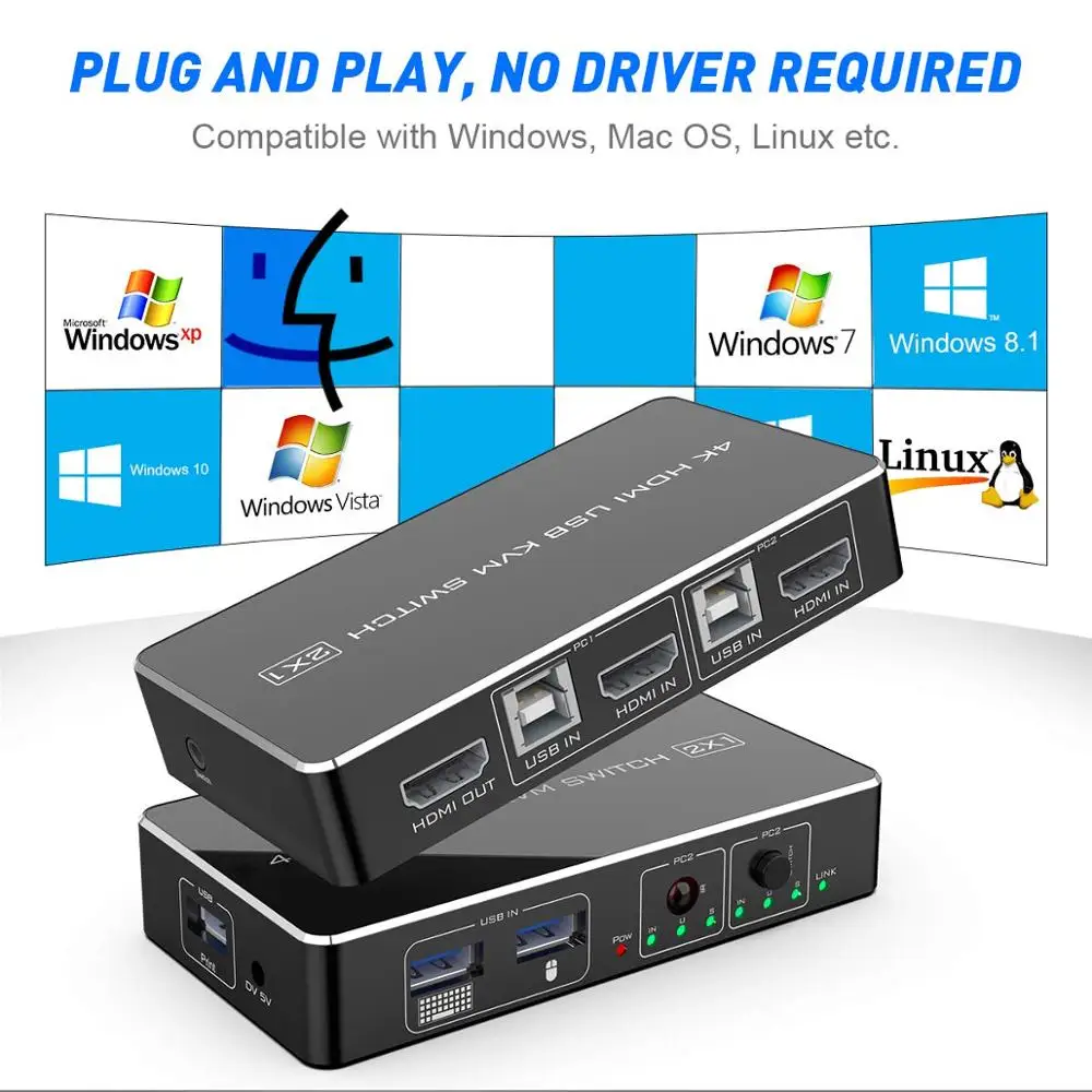 KVM-Switch HDMI 2 Port Box ، UHD 4K (3840x2160) و 1080P 3 أوضاع تبديل مدعومة ، 3 USB 2.0 Hub للوحة مفاتيح الماوس ، الطابعة ، الكمبيوتر