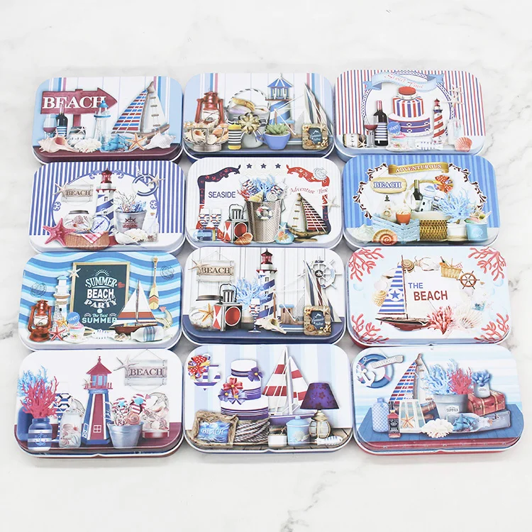 12 Pc/Lot  Middle Size Beach Sail Cover Iron Tin Card metal Case / Can/Square Coin Ornaments Storage Gift Box