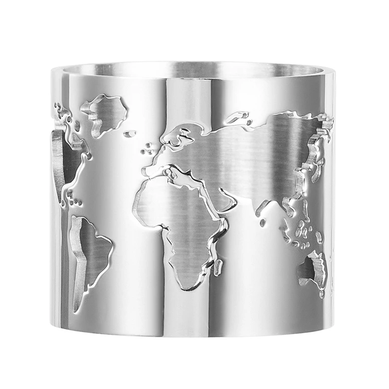 Steel World Map Cut-out Chunky Boho Finger Ring for Men Mirror Surface Stainless Spinner Ring Travel Peace Party Jewelry