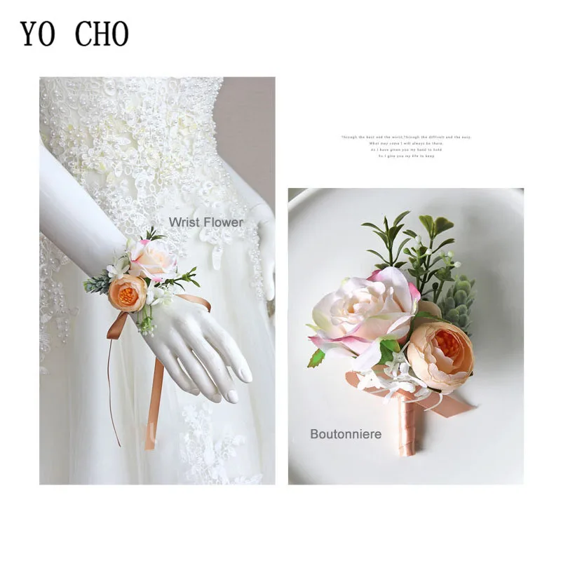 YO CHO Boutonniere ดอกไม้งานแต่งงาน Corsage Pins สีขาวสีชมพูเจ้าบ่าว Boutonniere Buttonhole ผู้ชายพยานแต่งงานอุปกรณ์เสริม