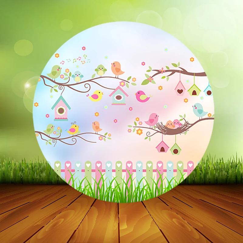 ฤดูใบไม้ผลิสีชมพูสวนดอกไม้วงกลมฉากหลัง Baby Shower Birthday Party Decora Candy ตารางกระบอกฝาครอบนกรอบพื้นหลัง