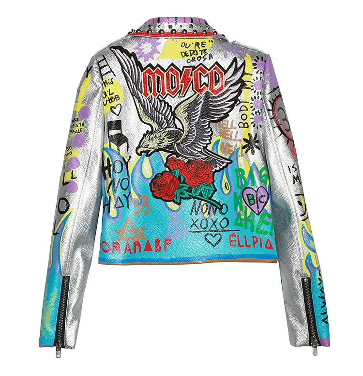 4XL fashion graffiti beading Women pu Leather Jacket Punk Style Motorcyle embrodiery leather Jackets Coats Streetwear F803