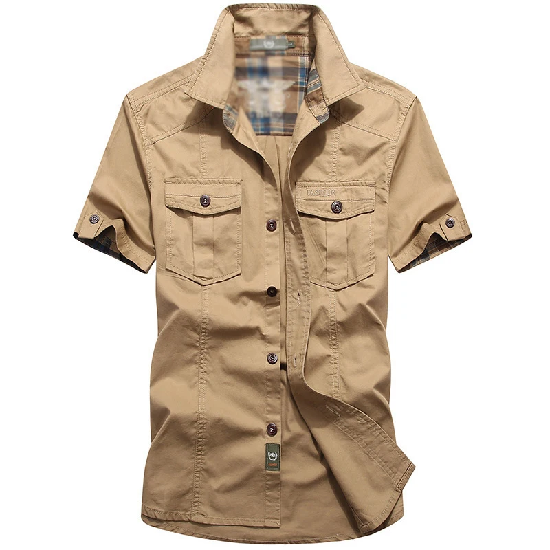 M-6xlplus Size Men\'s Shirt Summer Short Sleeve Cargo Shirts New Shirts Breathable Cool 100% Cotton Camisa Social Masculina