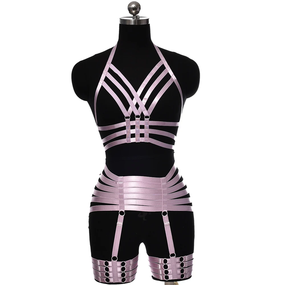 BONDAGE STRAPPY Women Sexy Lingerie Set Harness Bra Body Cage Bondage Stockings Garter Belt Pole Dance Elastic Adjust Suit