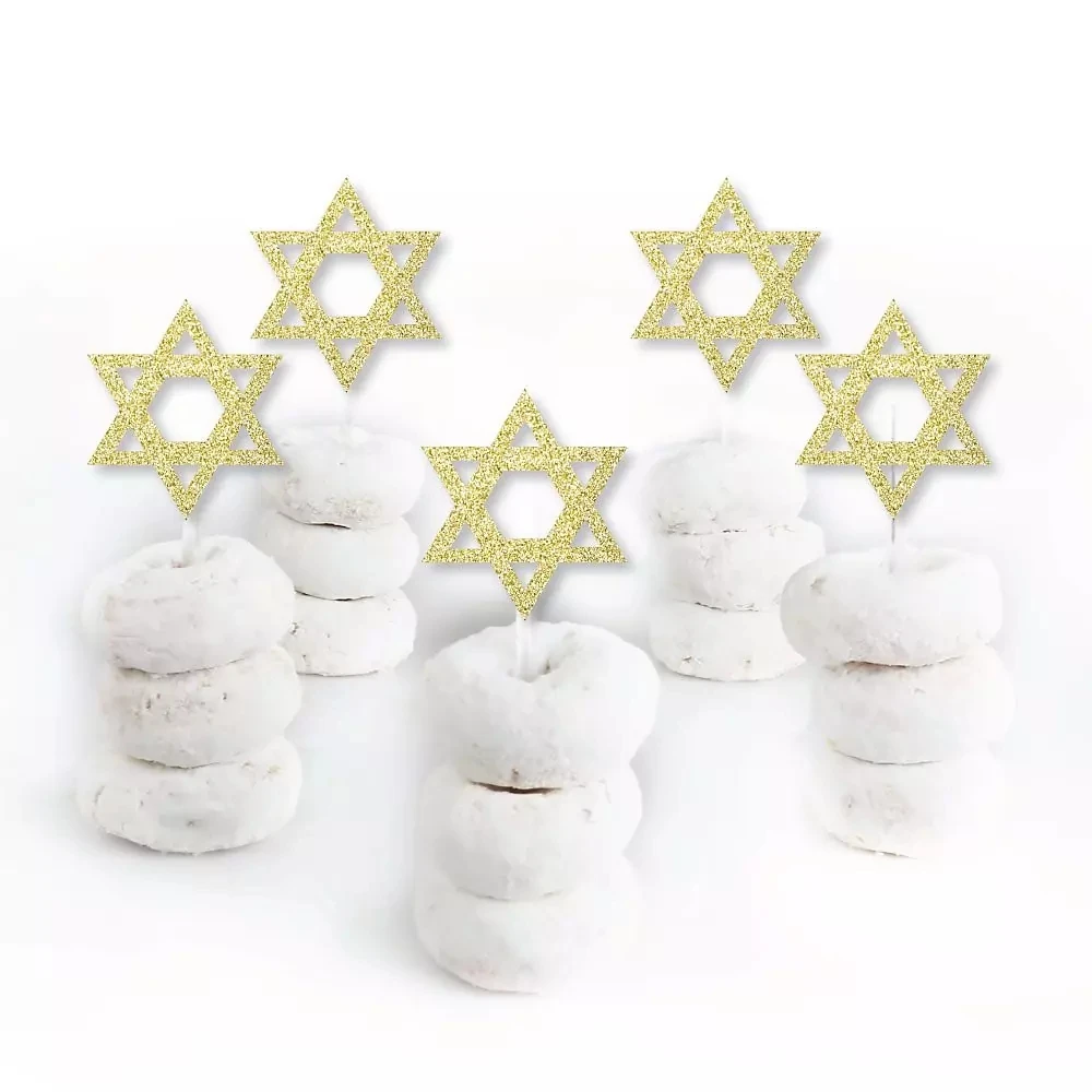 

Gold Glitter Star of David Gold Glitter Dessert Cupcake Toppers Hanukkah Clear Treat Picks -Set of 24