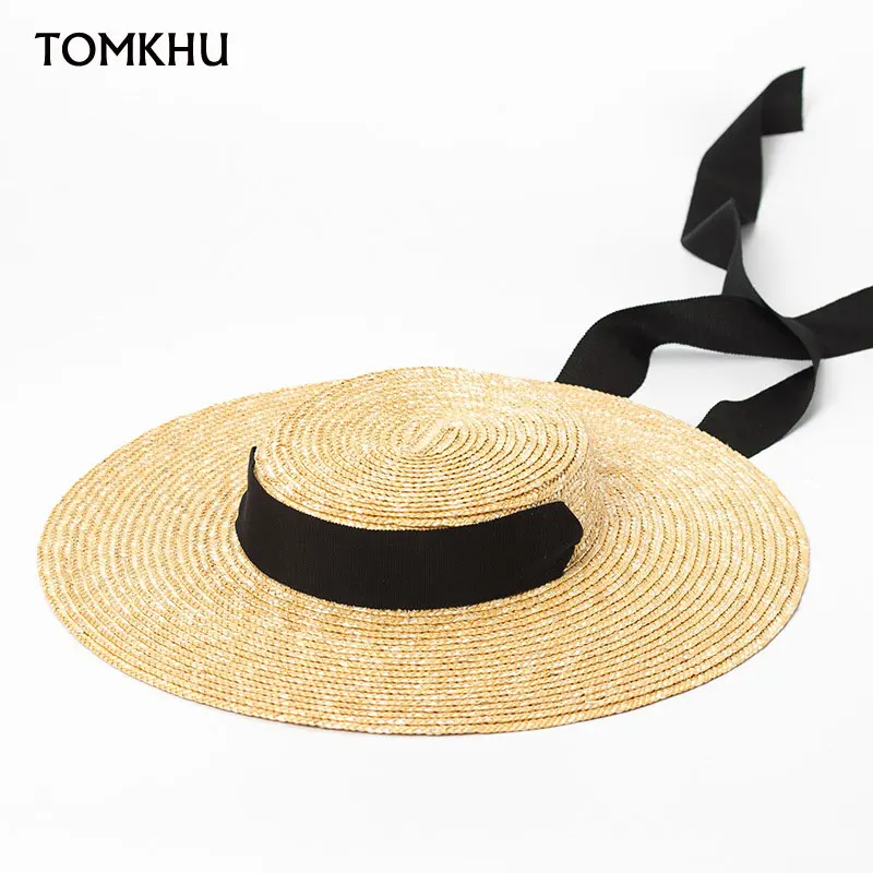 New Wide Brim Sun Hats 15cm Brim Boater Straw Hat Flat Women Summer Derby Chapeau Hat White Black Ribbon Tie Sunscreen Beach Cap