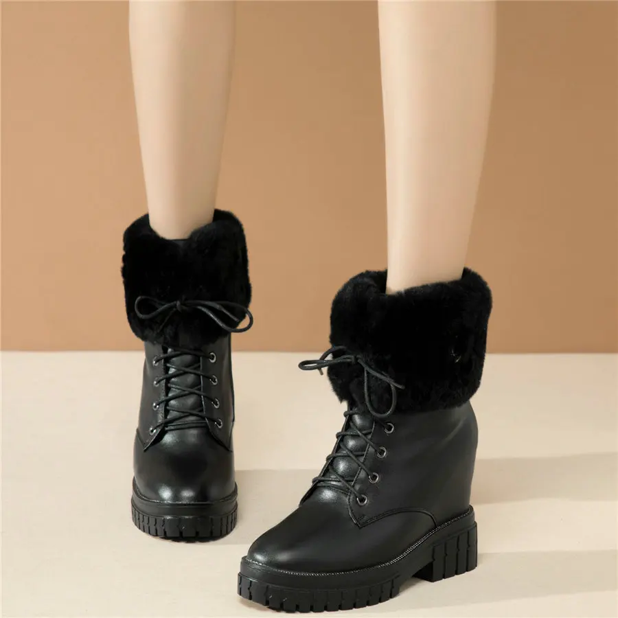 

Winter Lace Up Trainers Women Genuine Leather High Heel Snow Boots Female Warm Rabbit Fur Fashion Sneakers High Top Casual Shoes