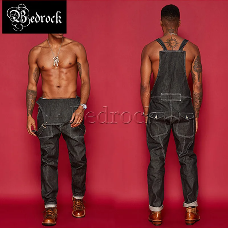 MBBCAR 13.5oz black overalls for men denim selvedge jeans worker\'s siamese bib one washed raw denim suspenders pants 707A