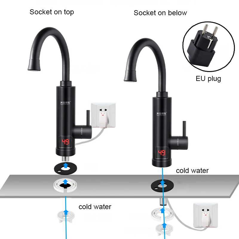 Black Electricity Kitchen Faucet Hot And Cold  360° Rotating  Heating Display Bathroom Tap With Protector EU Plug