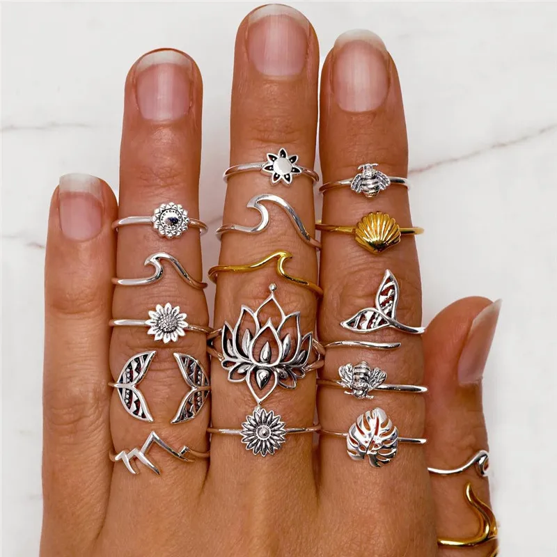 15Pcs/Set Boho Bee Lotus Flower Leaf Ring Set Fashion Wave Shell Fishtail Irregular Rings for Women Personality Jewelry Gifts