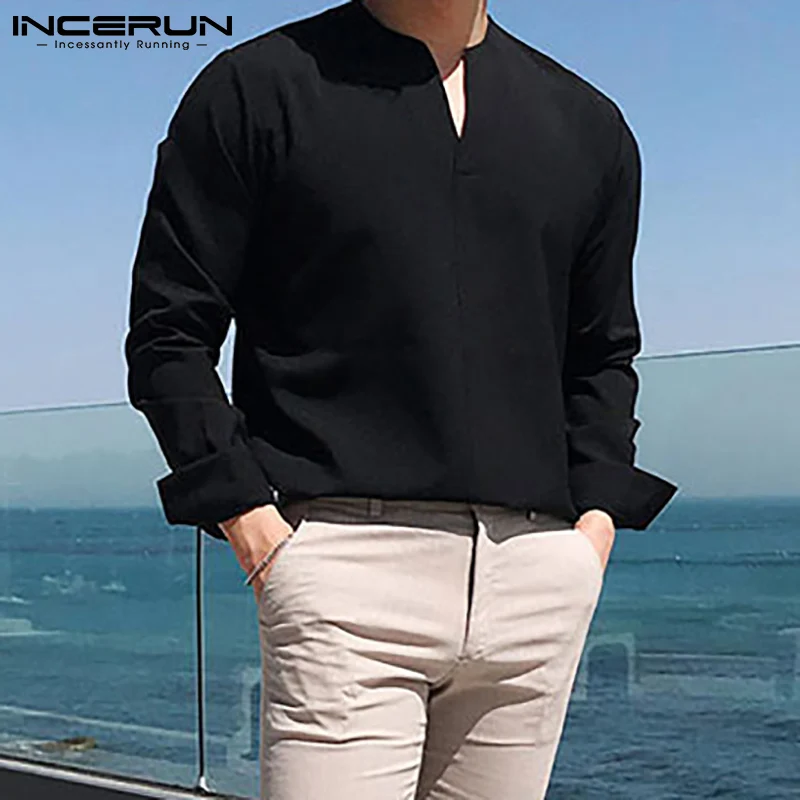 INCERUN 2024 Men Shirt V Neck Long Sleeve Brand Casual Men Clothing Streetwear Solid Color Fashion Leisure Camisa Masculina 3XL