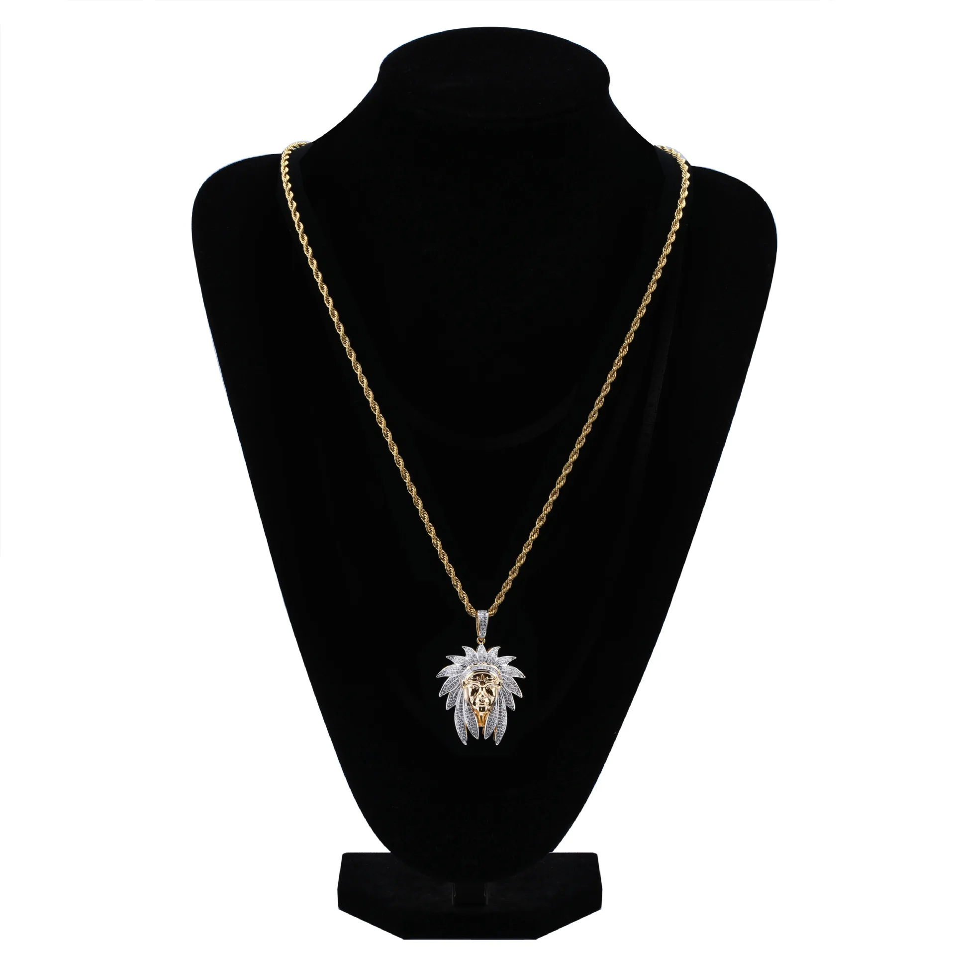 Indian Chief Head Charm Iced Out Pendant Hip Hop Necklaces Gold Silver Color Long Link Chains For Men Rapper Gift Jewelry