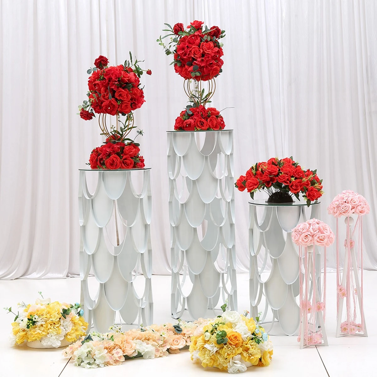 

3pcs/set)Luxury Tall Silver white metal Stainless Steel Metal Wedding Decoration Indoor Flower Stand Rack AB1129