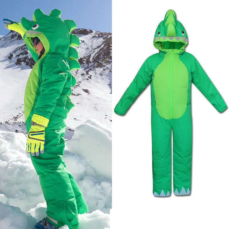 Children\'s outdoor one-piece ski suit men\'s and women\'s animal modeling cartoon dinosaur one-piece suit thickened cold proof ski