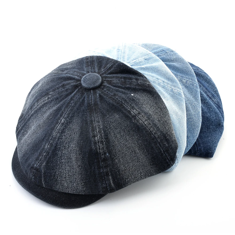 Washed denim fabric Berets Men\'s Autumn Fashion Newsboy Caps Retro Male Artist Flat Visor Peaked Hat Men Spring Casual Boina